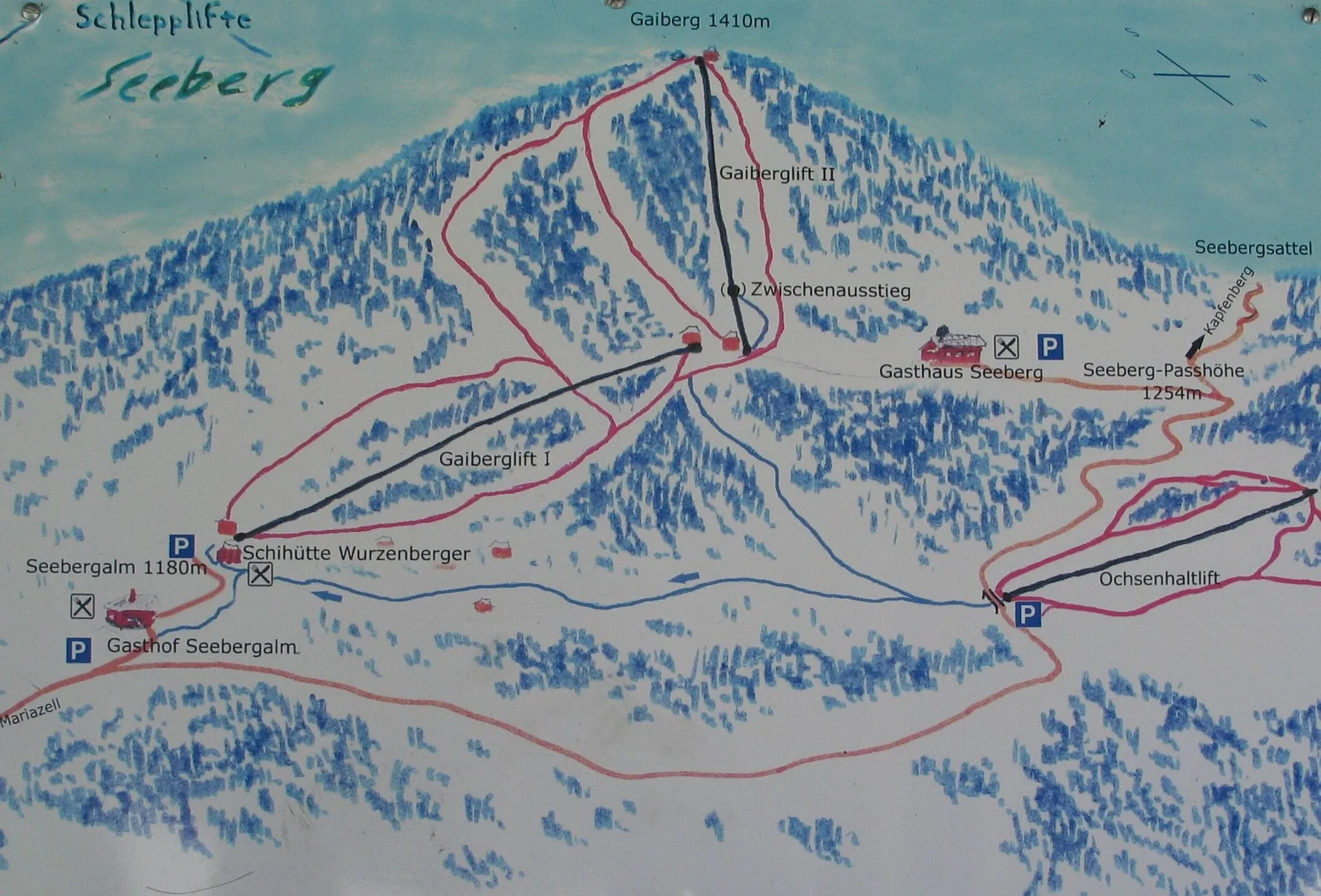 Pistenplan Seeberg – Seewiesen (Turnau) 2025/26 – Übersichtskarte mit Pisten, Liften und Bergbahnen
