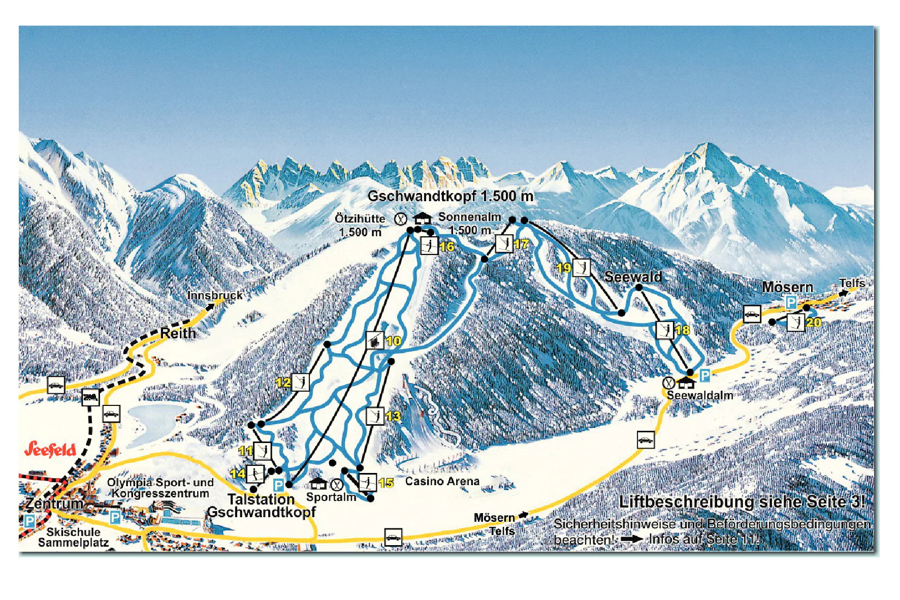 Pistenplan Seefeld – Gschwandtkopf 2025/26 – Übersichtskarte mit Pisten, Liften und Bergbahnen