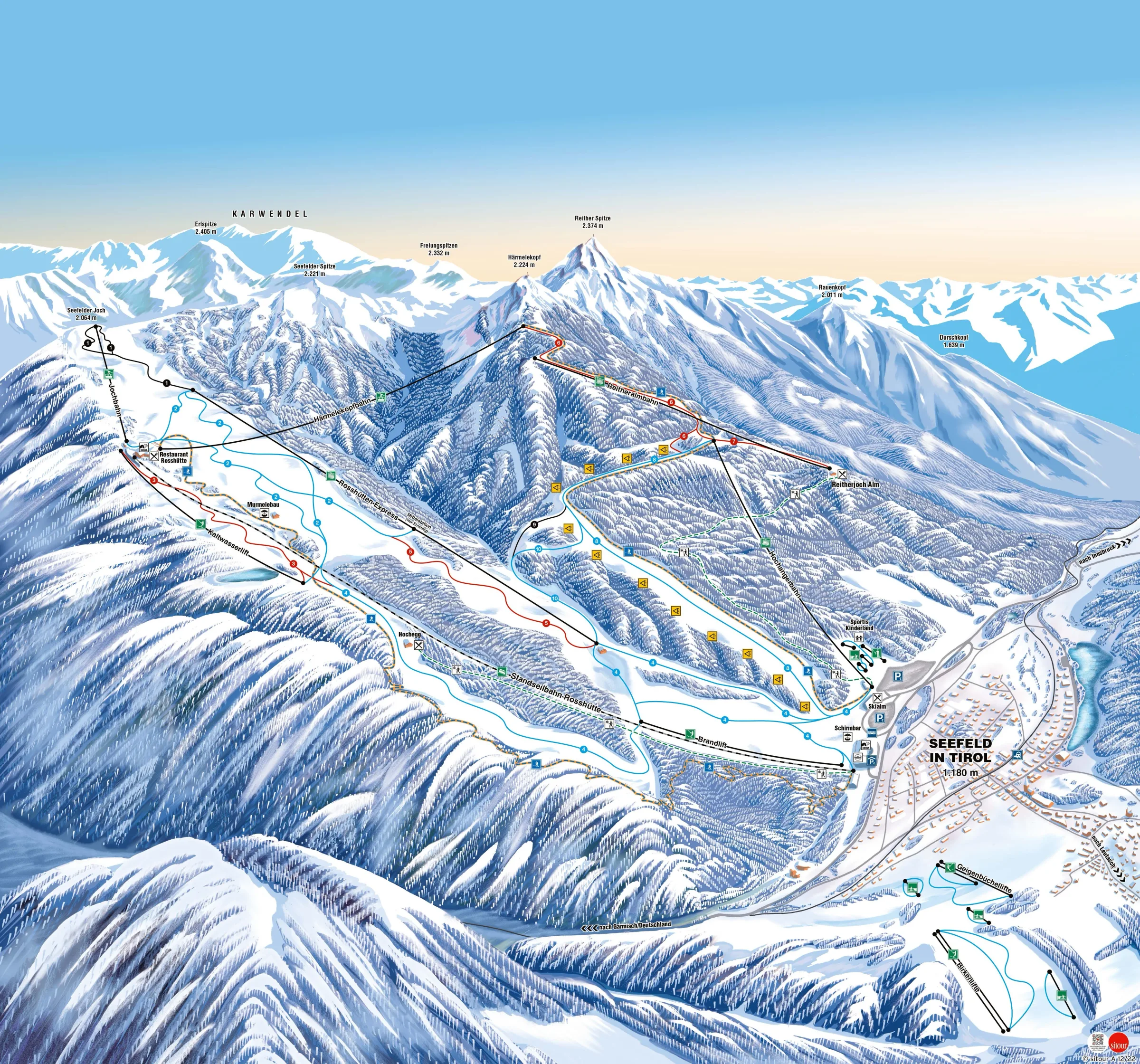 Pistenplan Seefeld – Rosshütte 2025/26 – Übersichtskarte mit Pisten, Liften und Bergbahnen