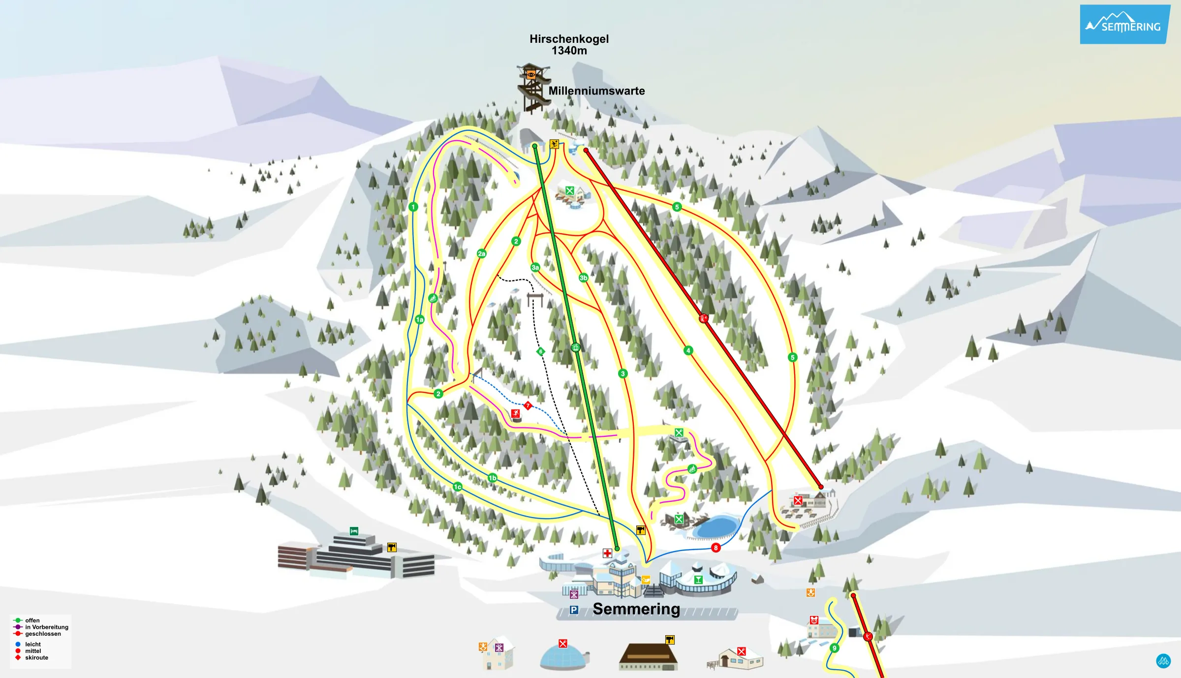Pistenplan Semmering Hirschenkogel 2025/26 – Übersichtskarte mit Pisten, Liften und Bergbahnen