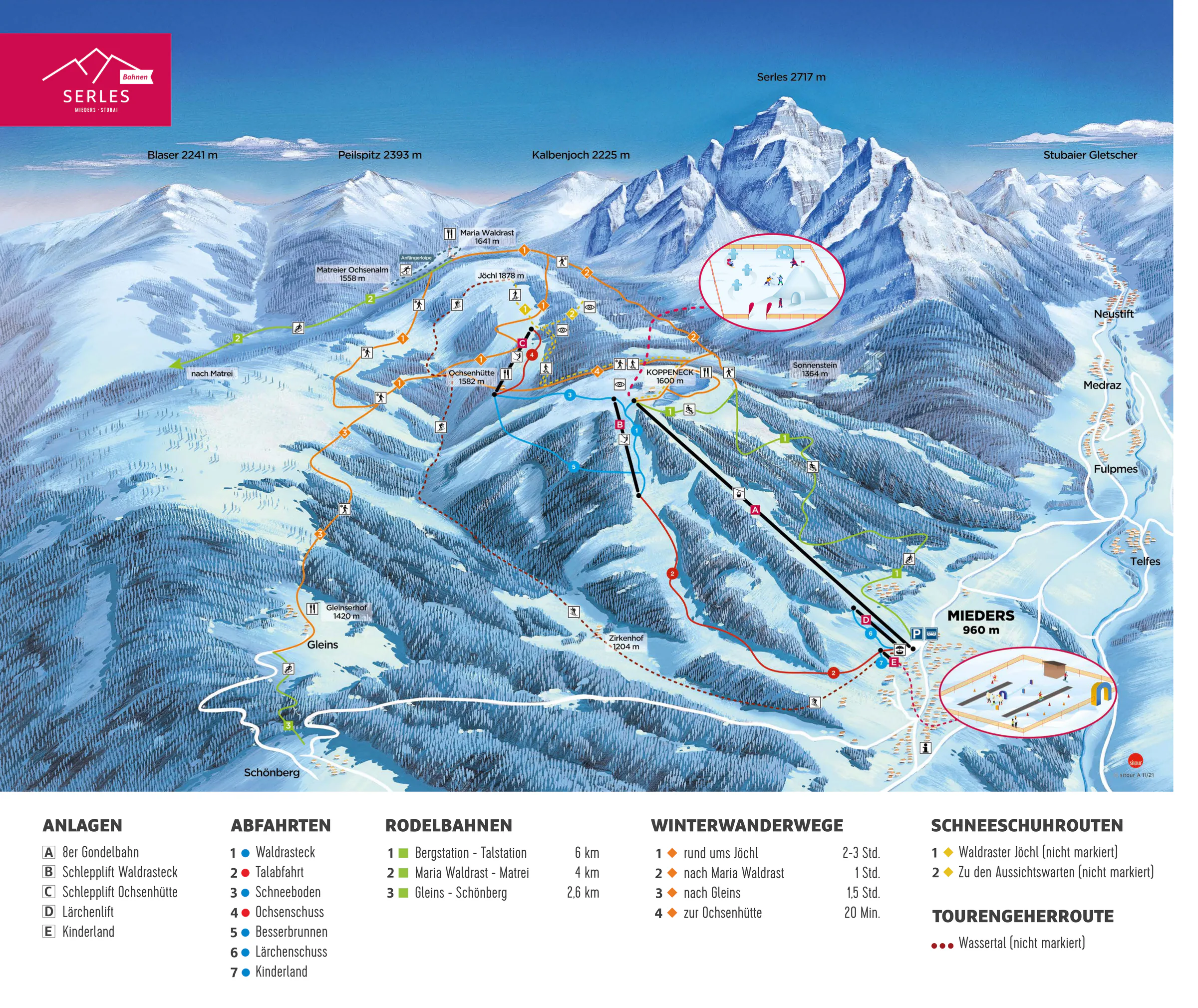 Pistenplan Serlesbahnen (Mieders) 2023/24 – Übersichtskarte mit Pisten, Liften und Bergbahnen