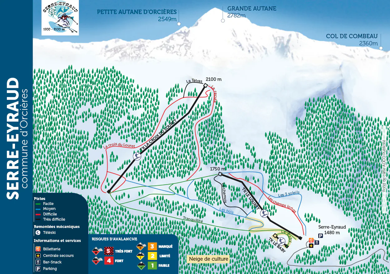 Pistenplan Serre Eyraud 2025/26 – Übersichtskarte mit Pisten, Liften und Bergbahnen
