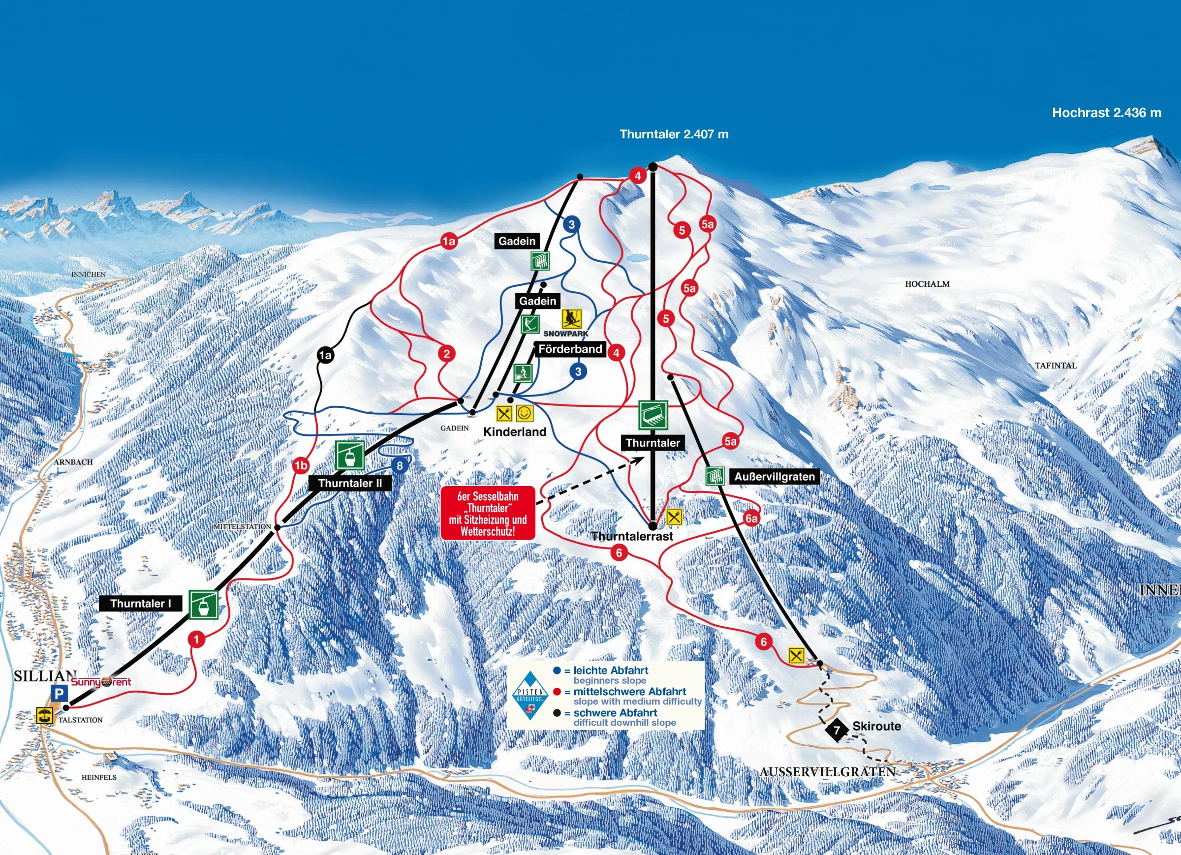 Pistenplan Sillian – Hochpustertal (Thurntaler) 2025/26 – Übersichtskarte mit Pisten, Liften und Bergbahnen
