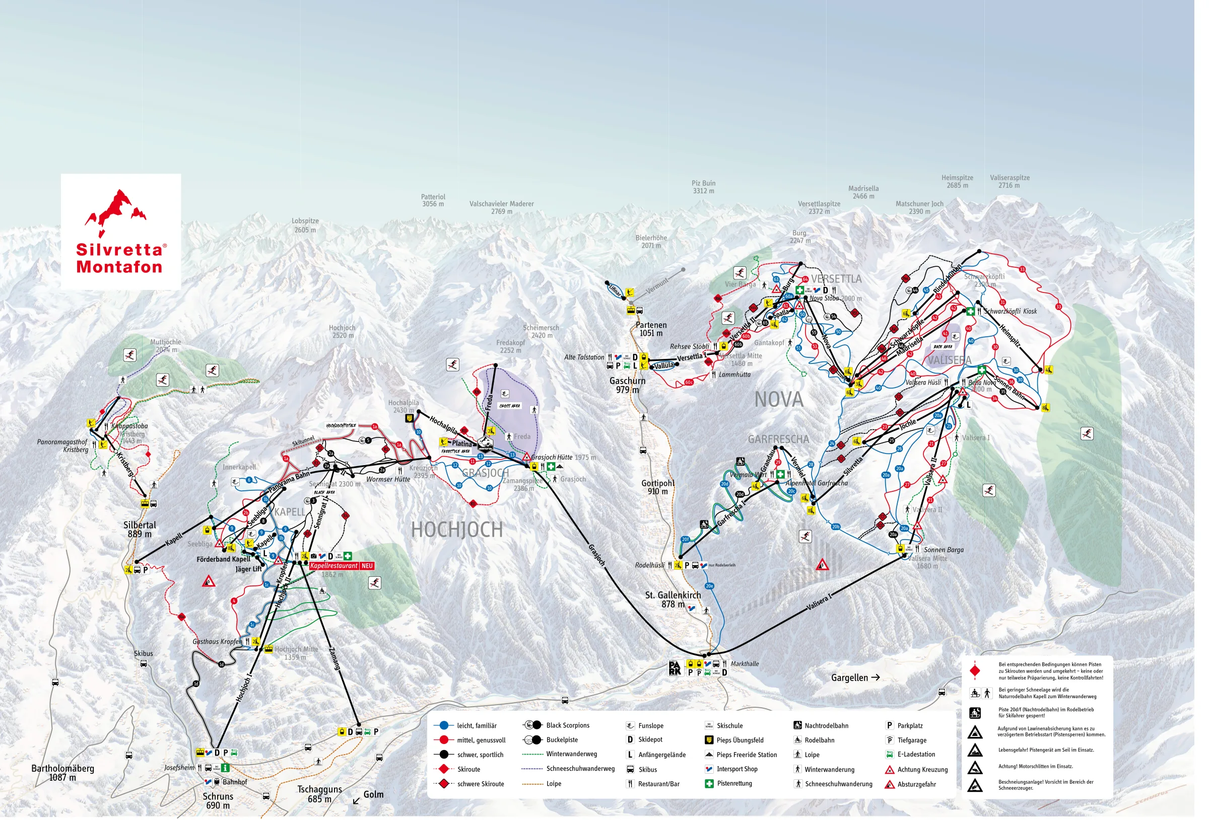 Pistenplan Silvretta Montafon 2025/26 – Übersichtskarte mit Pisten, Liften und Bergbahnen