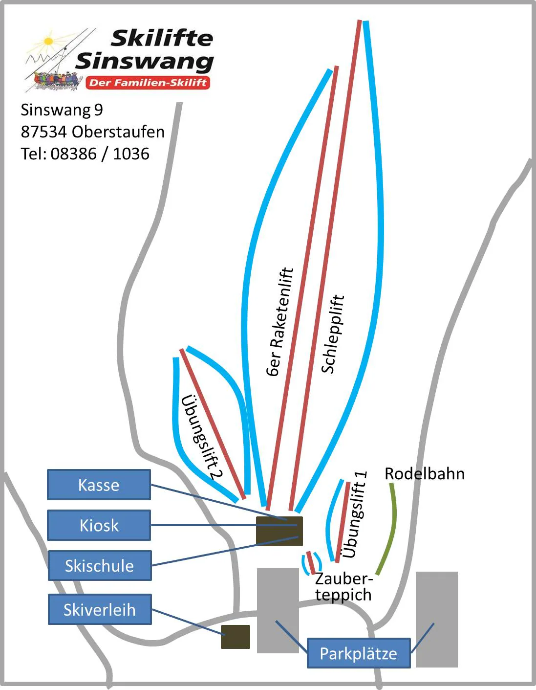 Pistenplan Sinswang (Oberstaufen) 2025/26 – Übersichtskarte mit Pisten, Liften und Bergbahnen