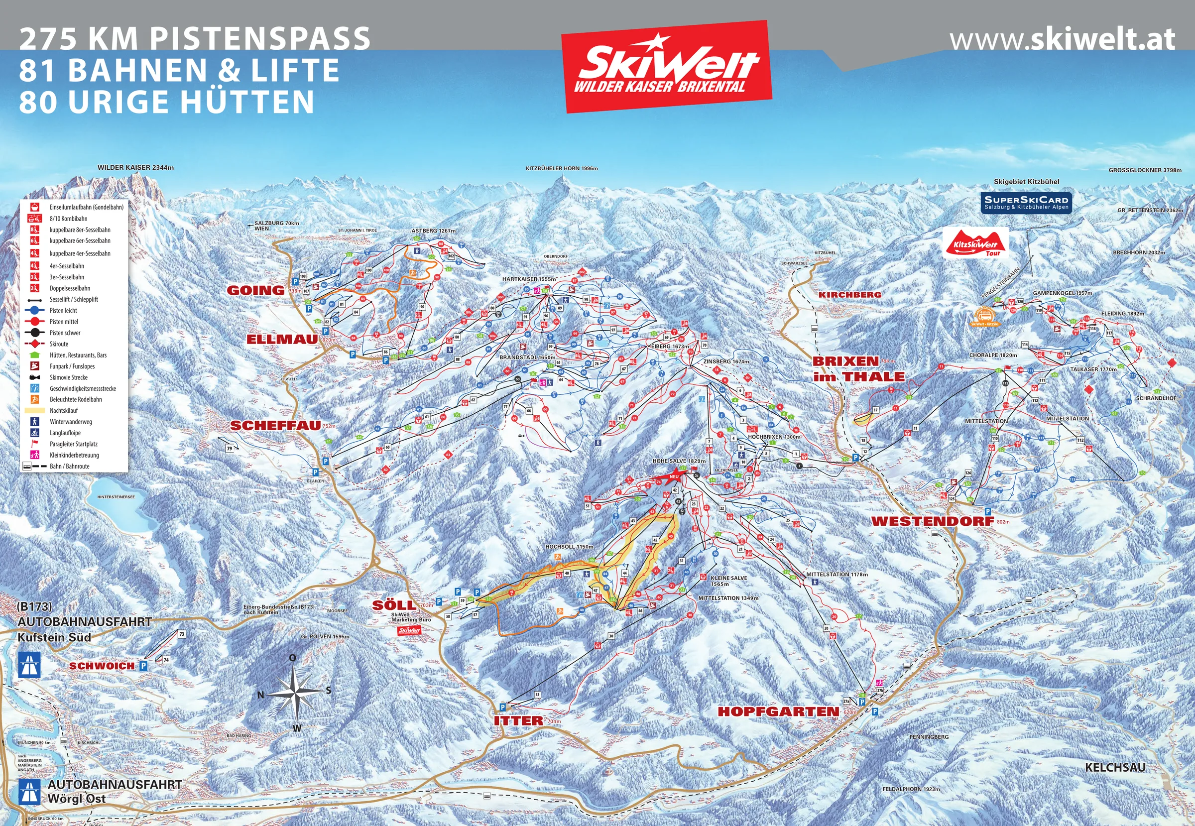 Pistenplan SkiWelt Wilder Kaiser – Brixental 2026/27 – Übersichtskarte mit Pisten, Liften und Bergbahnen