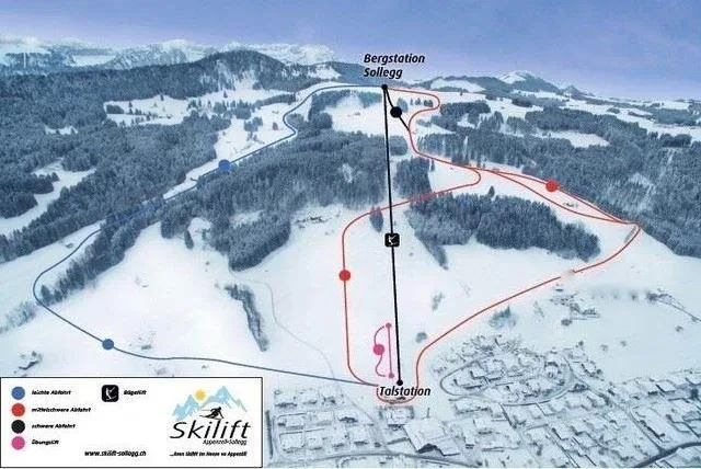 Pistenplan Sollegg (Appenzell) 2025/26 – Übersichtskarte mit Pisten, Liften und Bergbahnen