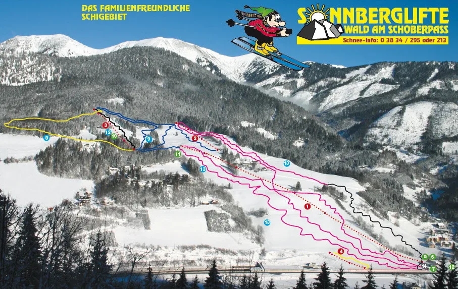 Pistenplan Sonnberglifte (Wald am Schoberpass) 2025/26 – Übersichtskarte mit Pisten, Liften und Bergbahnen