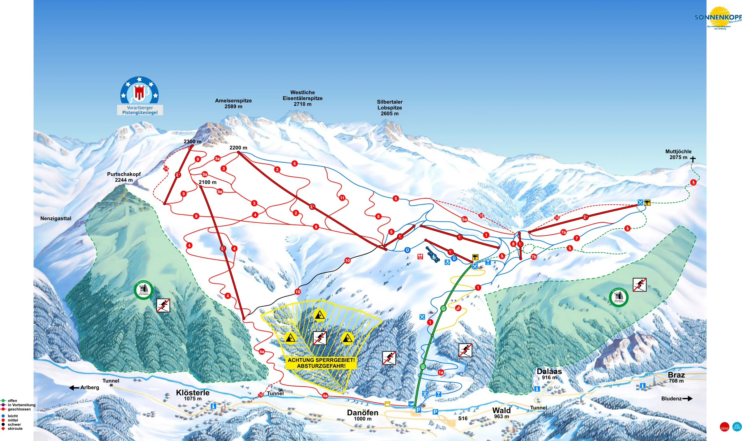 Pistenplan Sonnenkopf (Klösterle) 2025/26 – Übersichtskarte mit Pisten, Liften und Bergbahnen