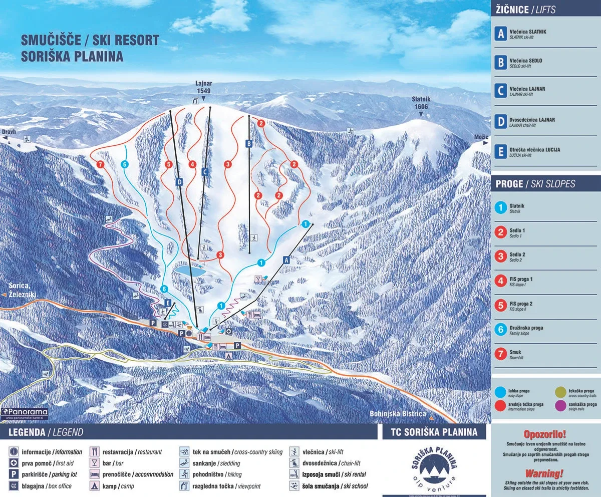 Pistenplan Soriška planina 2025/26 – Übersichtskarte mit Pisten, Liften und Bergbahnen