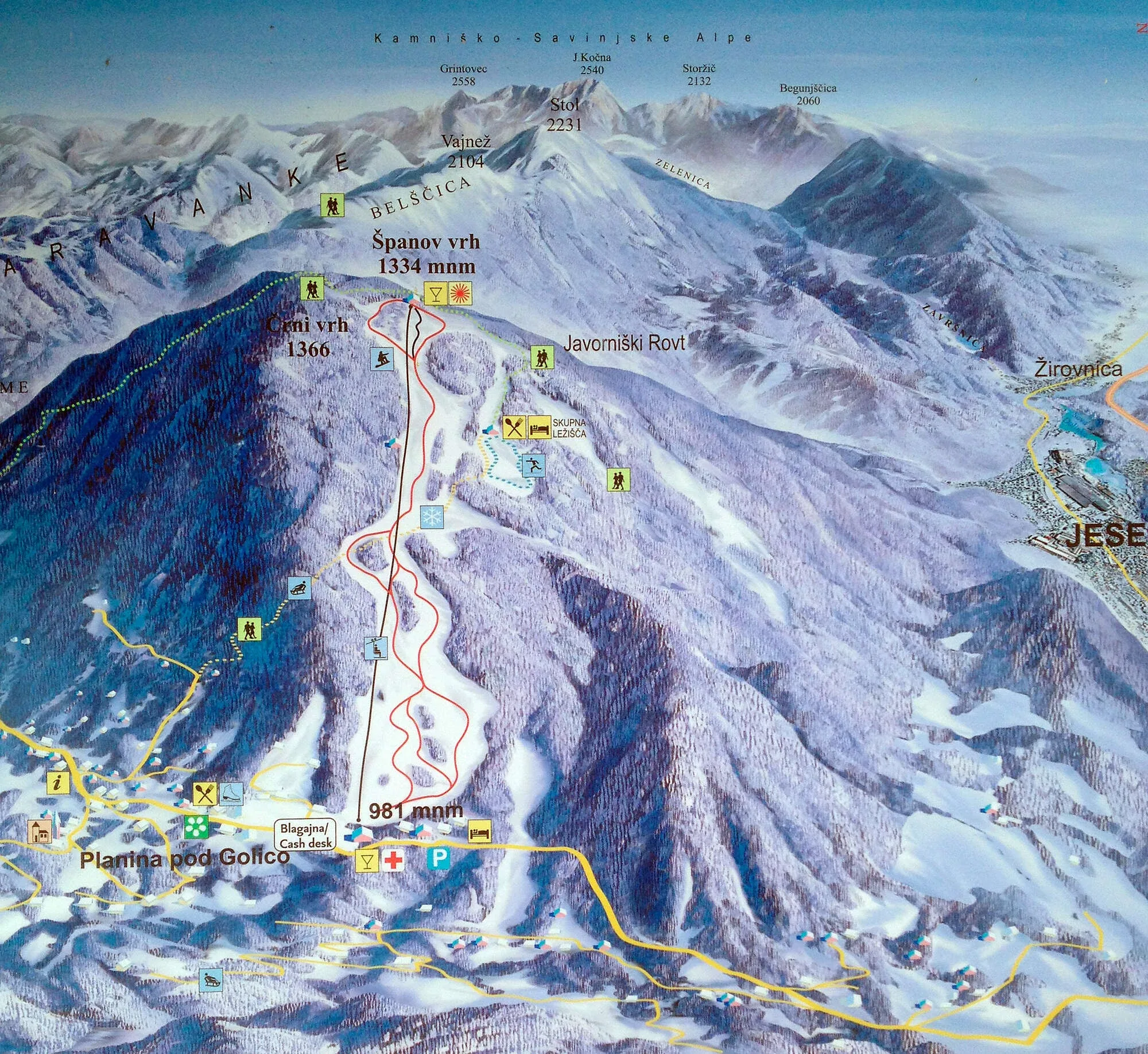 Pistenplan Španov vrh 2025/26 – Übersichtskarte mit Pisten, Liften und Bergbahnen