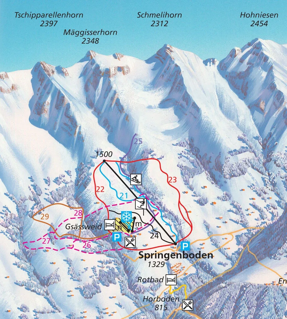 Pistenplan Springenboden (Diemtigtal) 2025/26 – Übersichtskarte mit Pisten, Liften und Bergbahnen