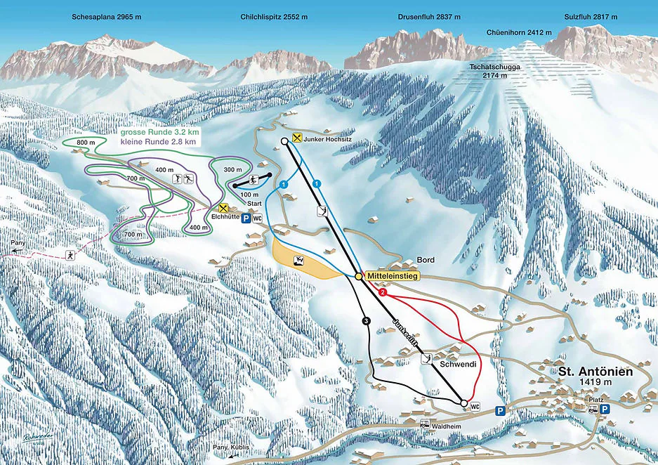 Pistenplan St. Antönien 2025/26 – Übersichtskarte mit Pisten, Liften und Bergbahnen