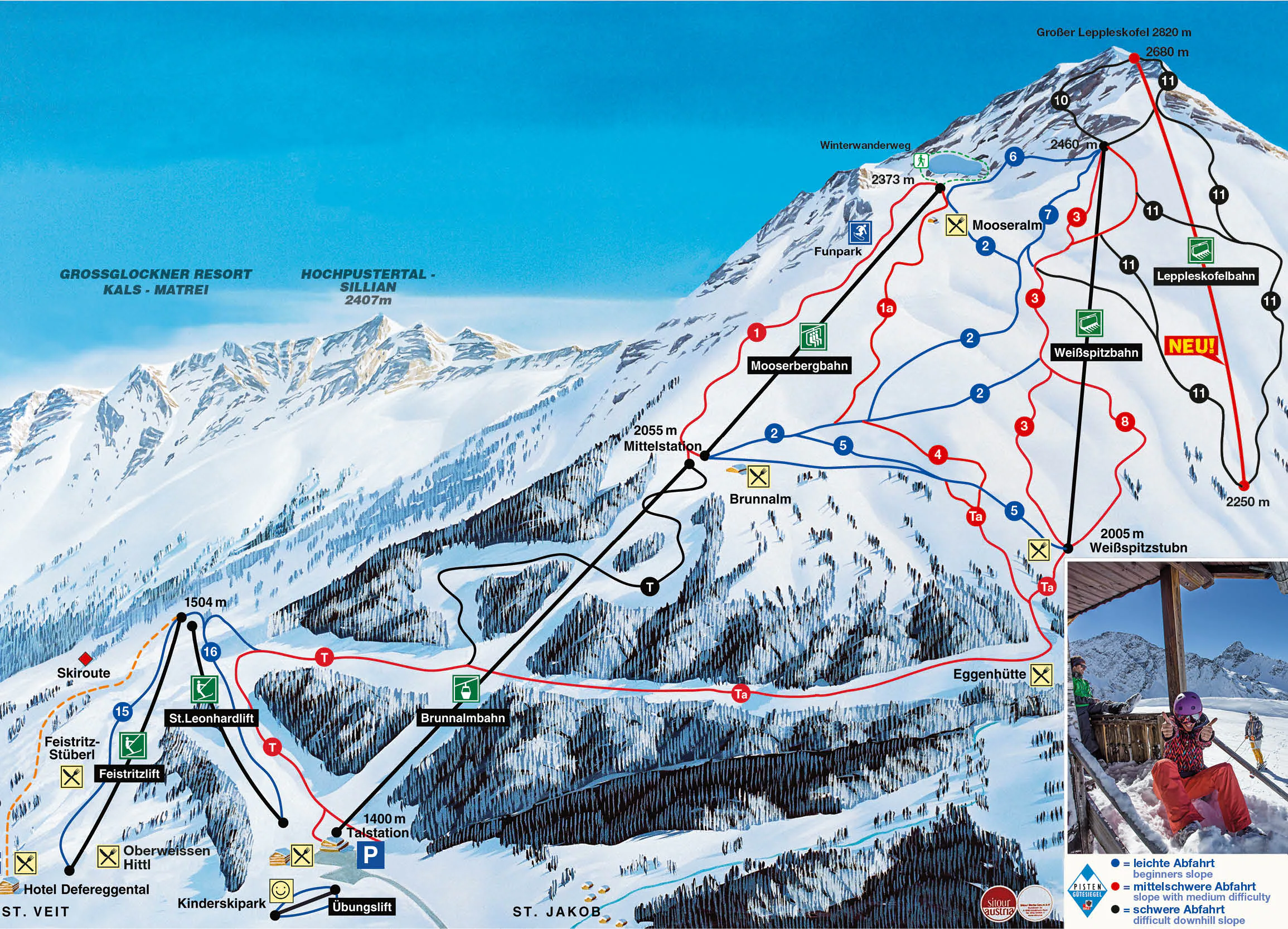 Pistenplan St. Jakob in Defereggen – Brunnalm 2023/24 – Übersichtskarte mit Pisten, Liften und Bergbahnen