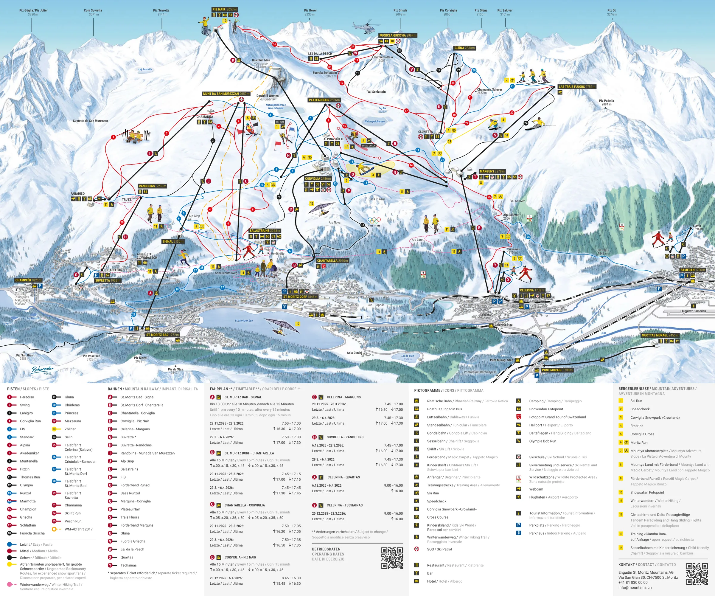 Pistenplan St. Moritz – Corviglia 2025/26 – Übersichtskarte mit Pisten, Liften und Bergbahnen