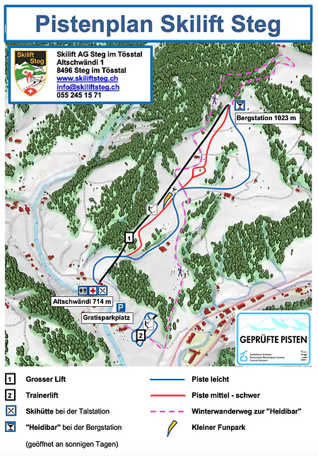 Pistenplan Steg im Tösstal 2025/26 – Übersichtskarte mit Pisten, Liften und Bergbahnen