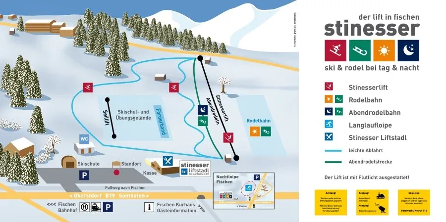 Pistenplan Stinesser-Lifte (Fischen im Allgaeu) 2025/26 – Übersichtskarte mit Pisten, Liften und Bergbahnen