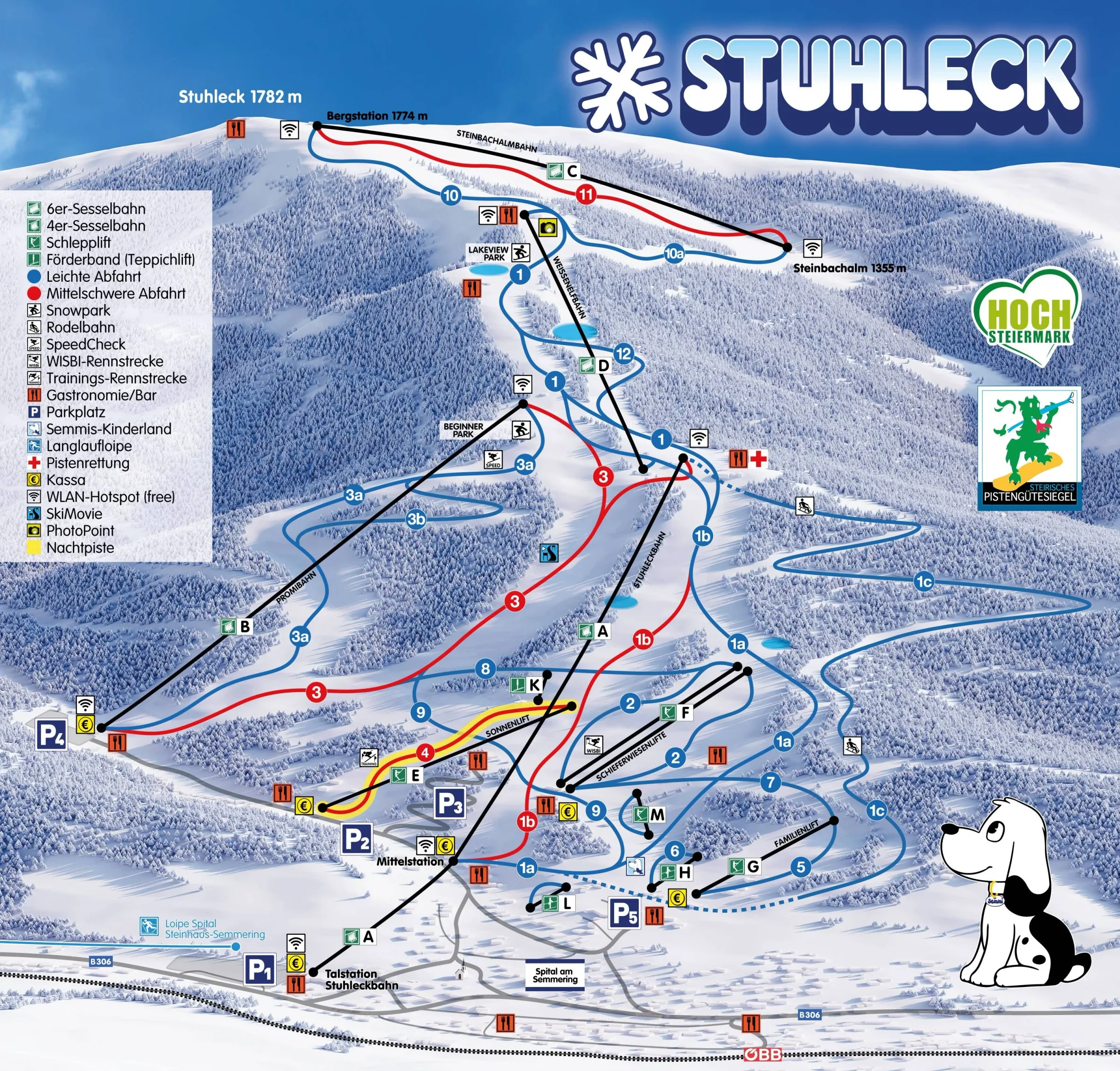 Pistenplan Stuhleck (Spital am Semmering) 2025/26 – Übersichtskarte mit Pisten, Liften und Bergbahnen