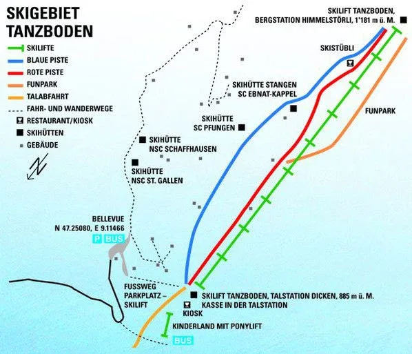 Pistenplan Tanzboden (Ebnat-Kappel) 2025/26 – Übersichtskarte mit Pisten, Liften und Bergbahnen