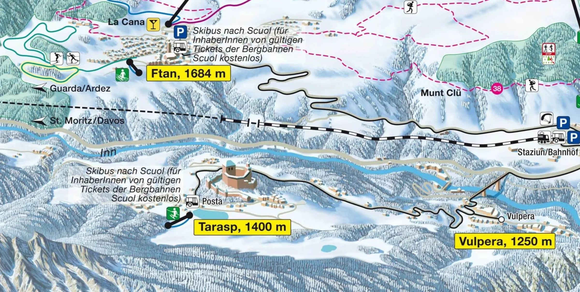 Pistenplan Tarasp 2025/26 – Übersichtskarte mit Pisten, Liften und Bergbahnen