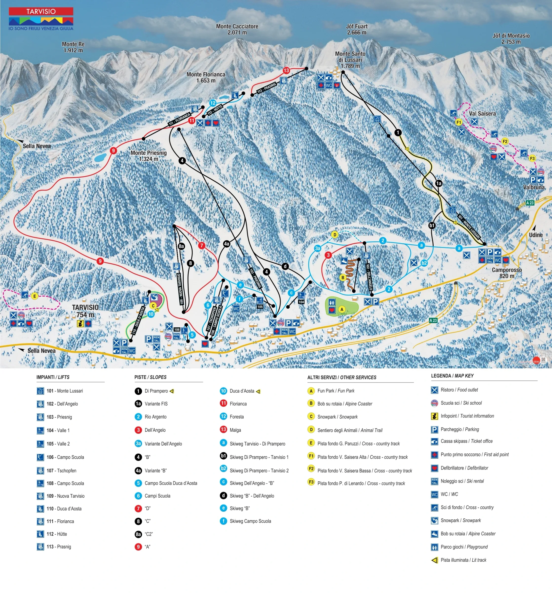 Pistenplan Tarvis – Monte Lussari 2025/26 – Übersichtskarte mit Pisten, Liften und Bergbahnen