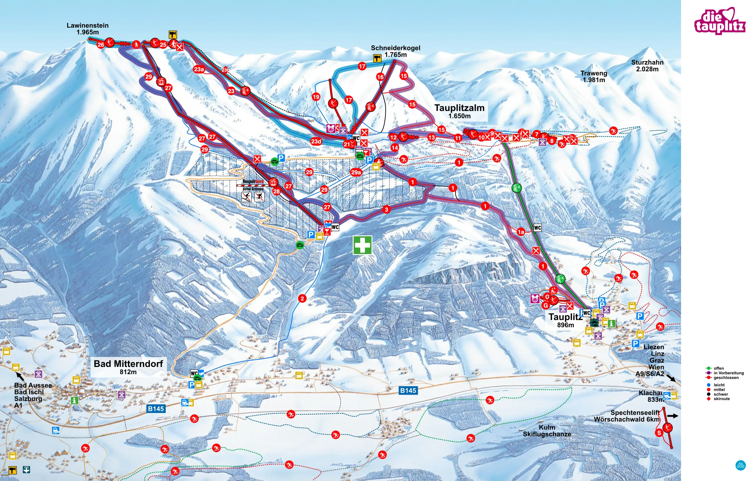Pistenplan Die Tauplitz (Bad Mitterndorf) 2025/26 – Übersichtskarte mit Pisten, Liften und Bergbahnen