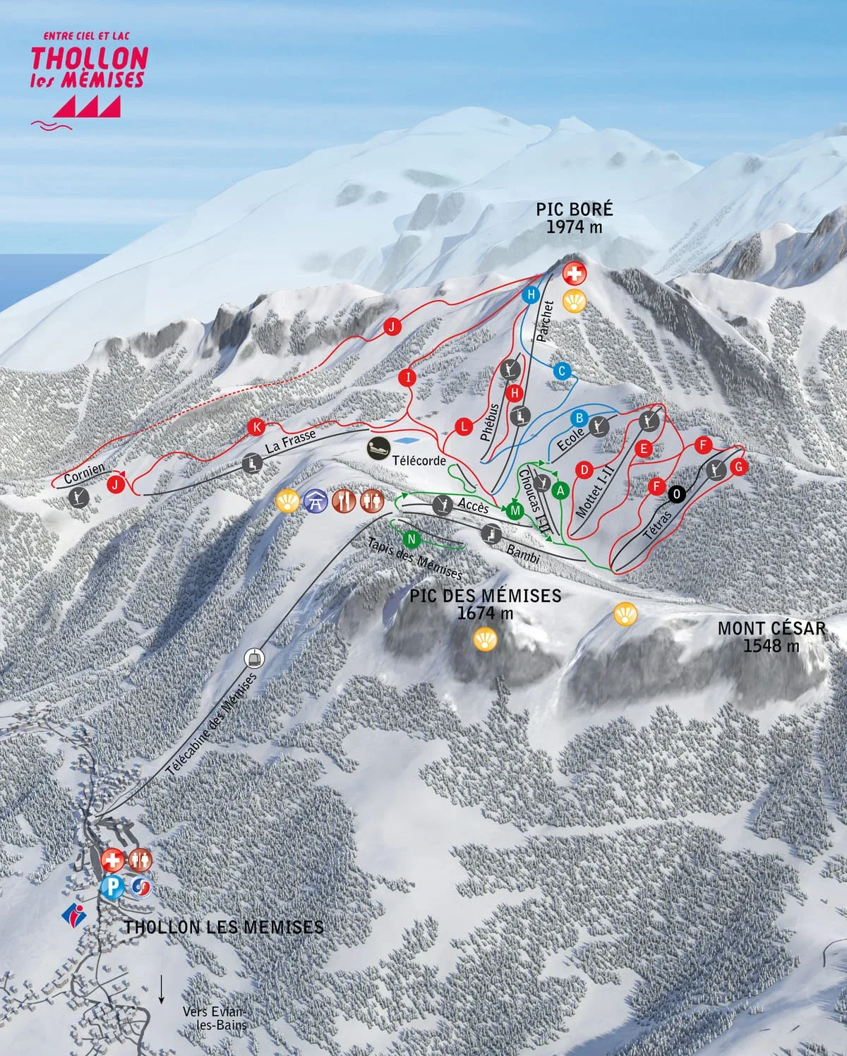 Pistenplan Thollon-les-Mémises 2025/26 – Übersichtskarte mit Pisten, Liften und Bergbahnen