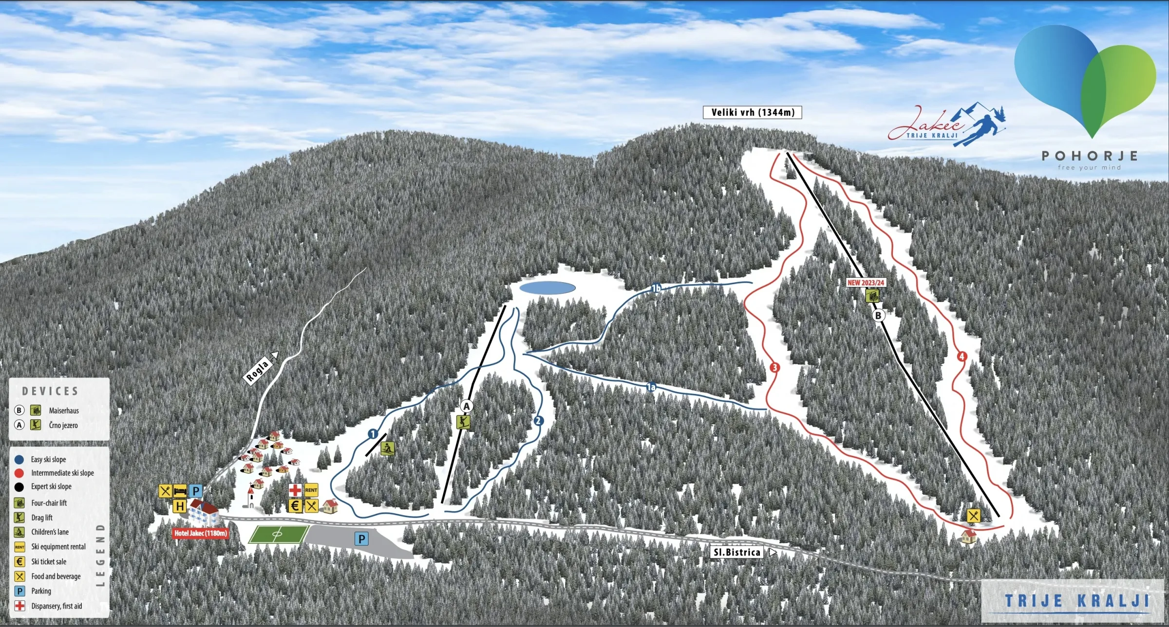 Pistenplan Trije Kralji 2025/26 – Übersichtskarte mit Pisten, Liften und Bergbahnen