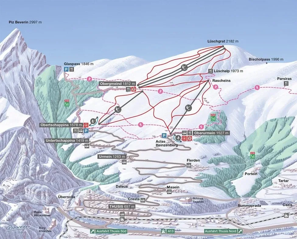 Pistenplan Tschappina Heinzenberg 2025/26 – Übersichtskarte mit Pisten, Liften und Bergbahnen