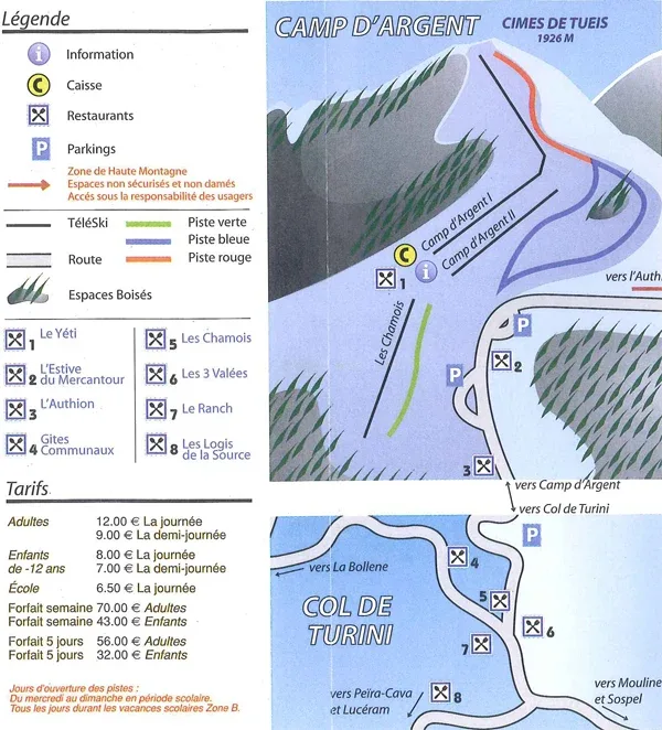 Pistenplan Turini - Camp d'Argent 2025/26 – Übersichtskarte mit Pisten, Liften und Bergbahnen