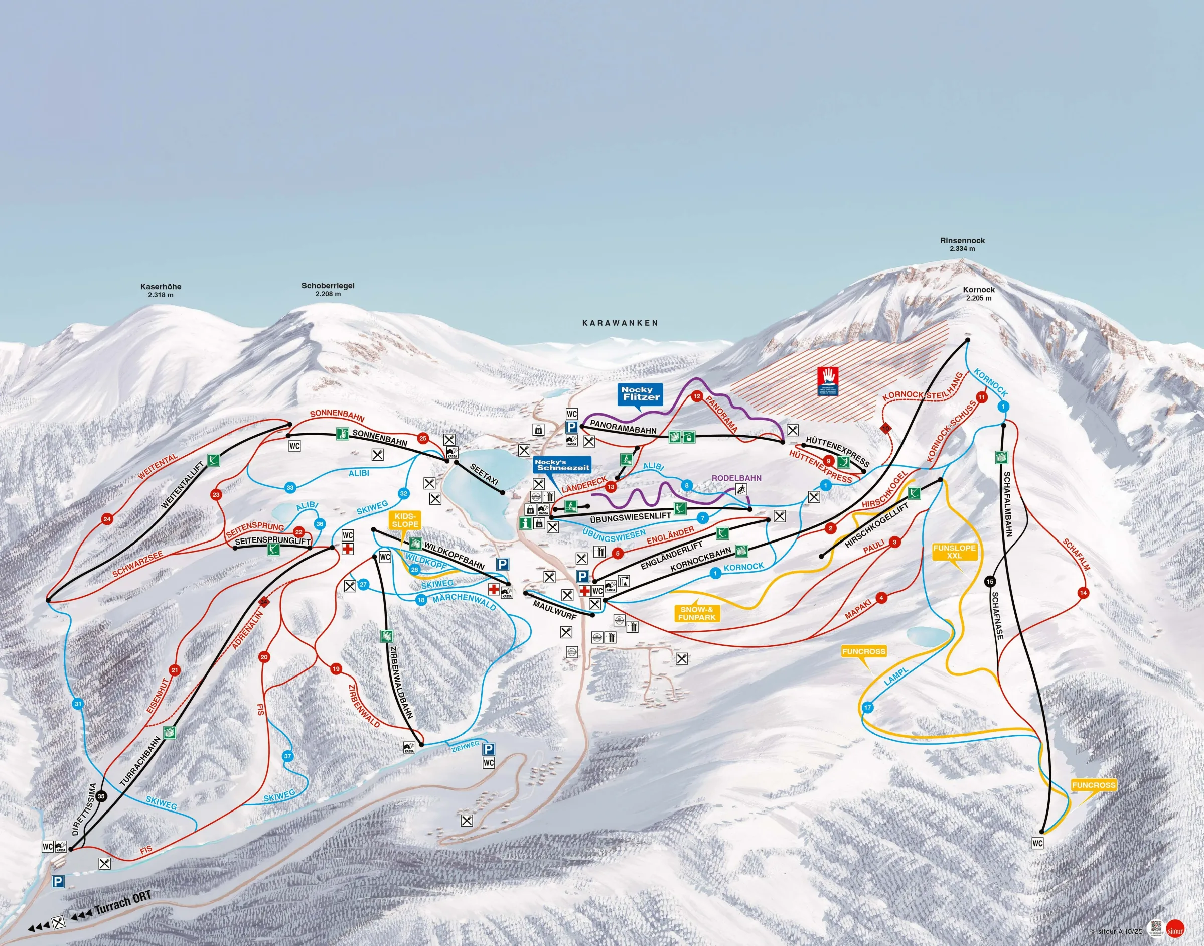 Pistenplan Turracher Höhe 2025/26 – Übersichtskarte mit Pisten, Liften und Bergbahnen