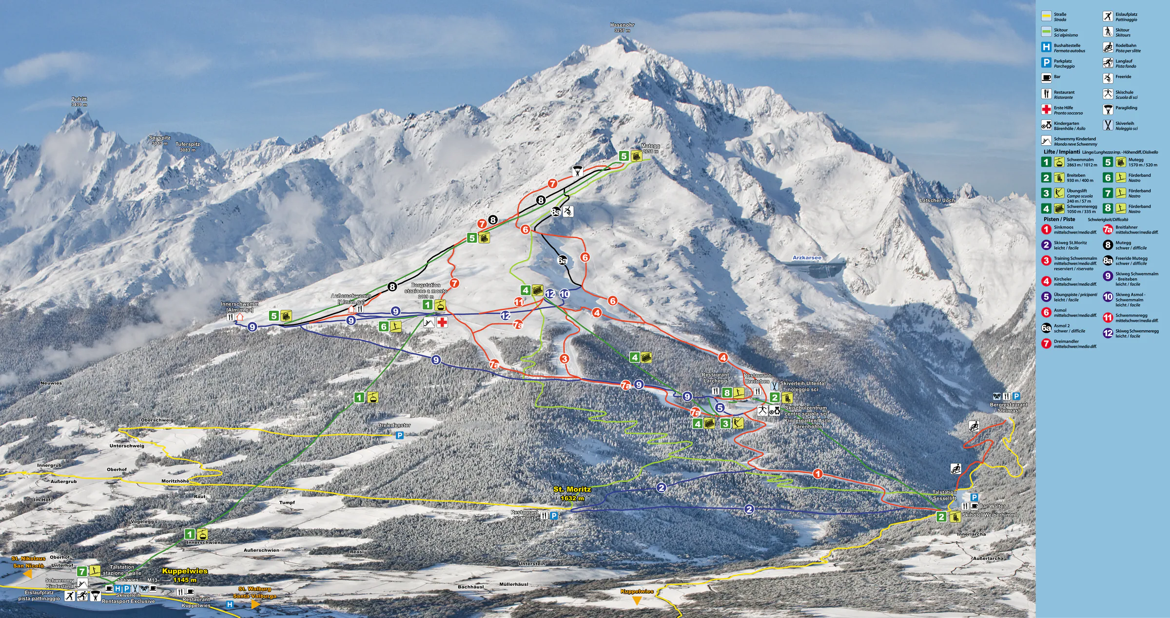 Pistenplan Ulten – Schwemmalm 2025/26 – Übersichtskarte mit Pisten, Liften und Bergbahnen