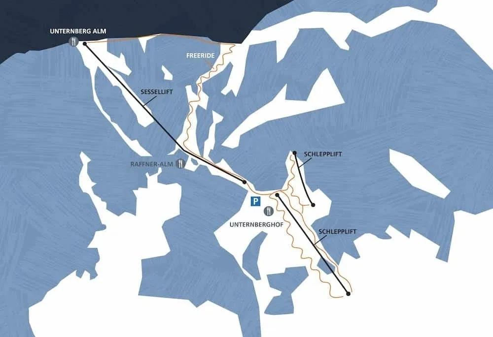 Pistenplan Unternberg (Ruhpolding) 2025/26 – Übersichtskarte mit Pisten, Liften und Bergbahnen