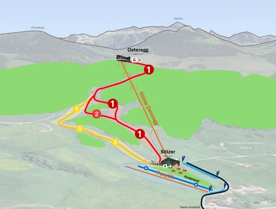 Pistenplan Urnäsch 2025/26 – Übersichtskarte mit Pisten, Liften und Bergbahnen