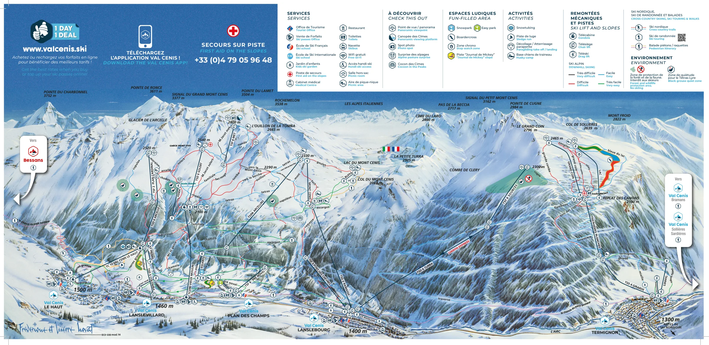 Pistenplan Val Cenis 2025/26 – Übersichtskarte mit Pisten, Liften und Bergbahnen