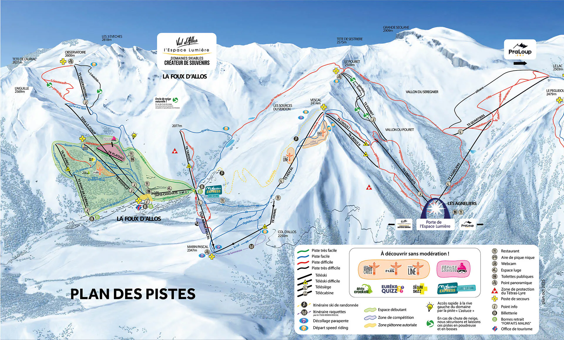 Pistenplan Val d'Allos 1500 - La Foux 2025/26 – Übersichtskarte mit Pisten, Liften und Bergbahnen