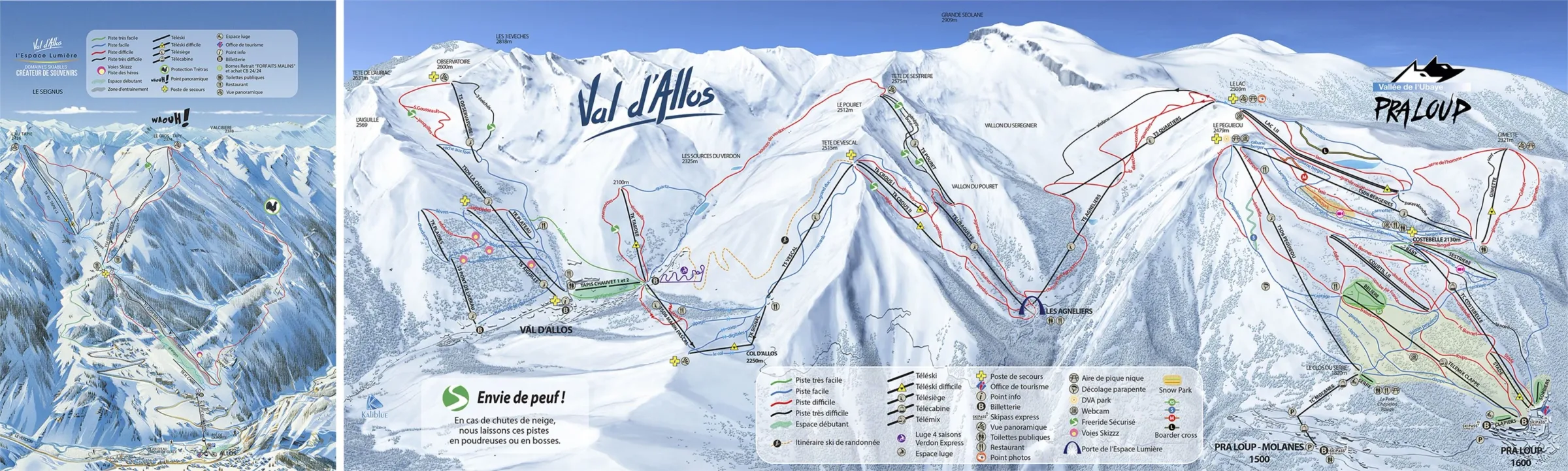 Pistenplan Val d'Allos 1800 - Le Seignus 2025/26 – Übersichtskarte mit Pisten, Liften und Bergbahnen