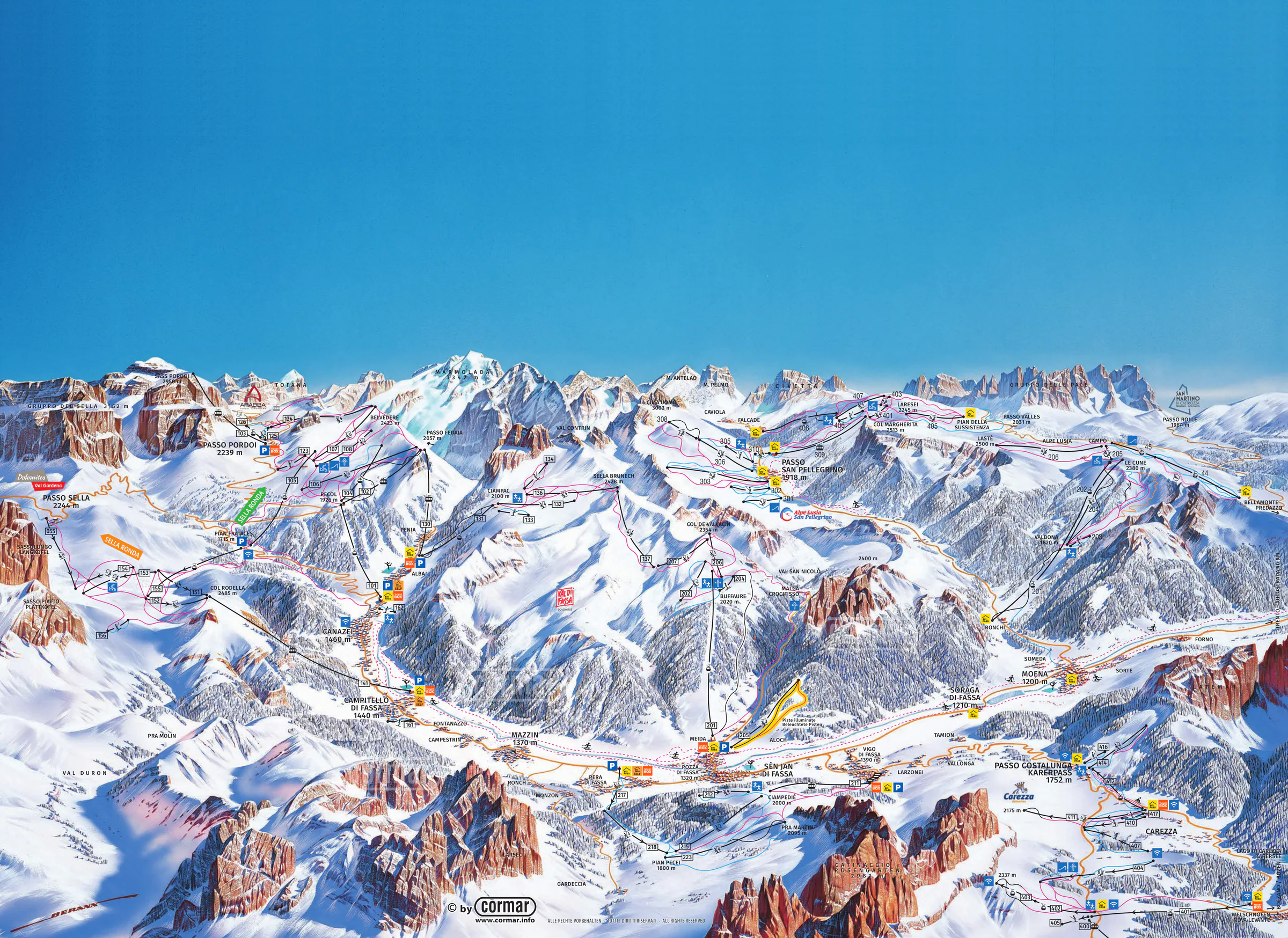 Pistenplan Val di Fassa (Fassatal) 2025/26 – Übersichtskarte mit Pisten, Liften und Bergbahnen