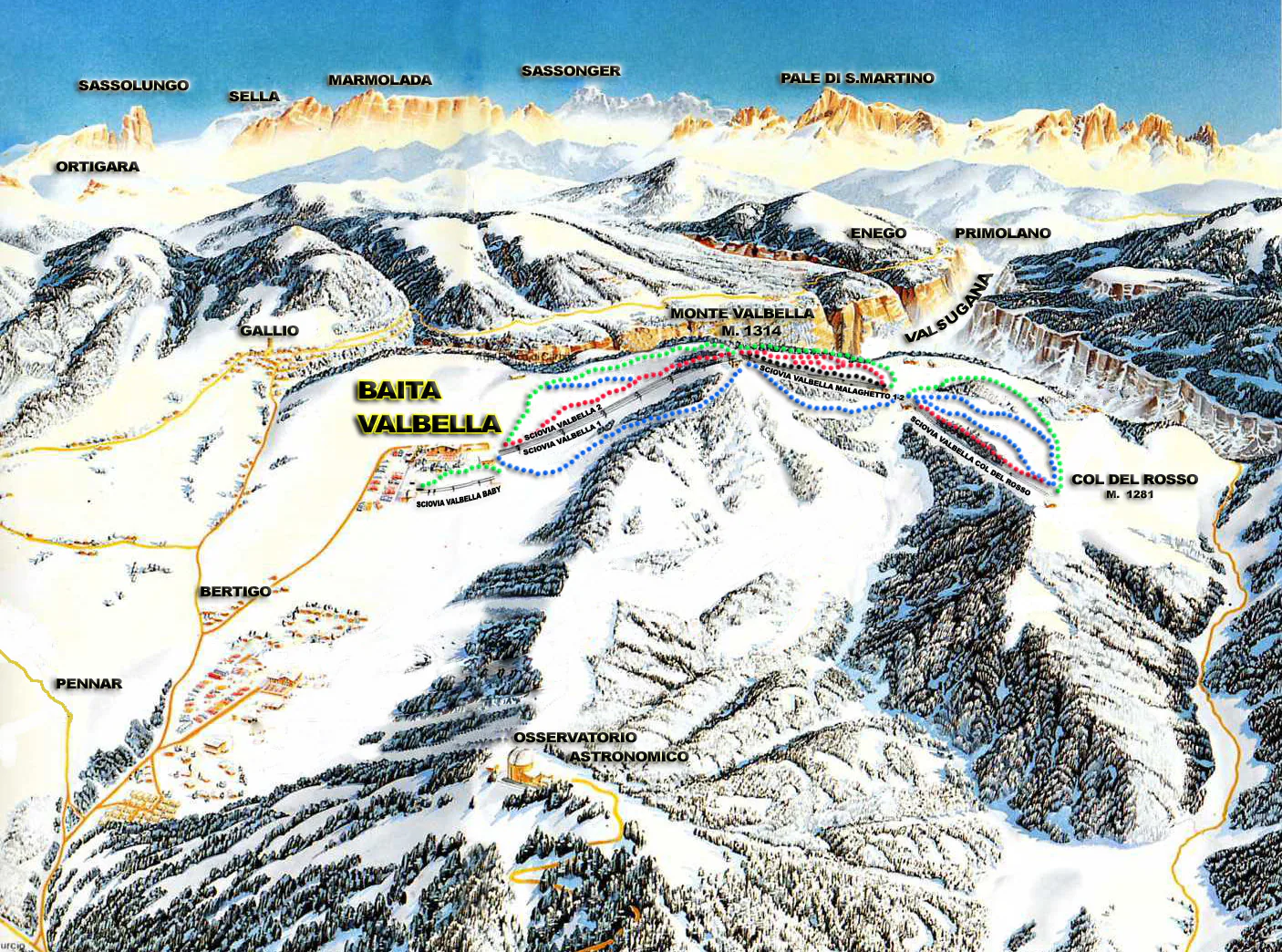Pistenplan Valbella (Asiago) 2025/26 – Übersichtskarte mit Pisten, Liften und Bergbahnen