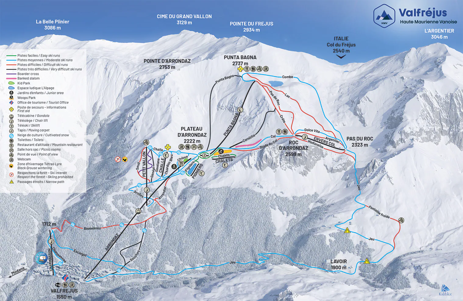 Pistenplan Valfréjus 2025/26 – Übersichtskarte mit Pisten, Liften und Bergbahnen