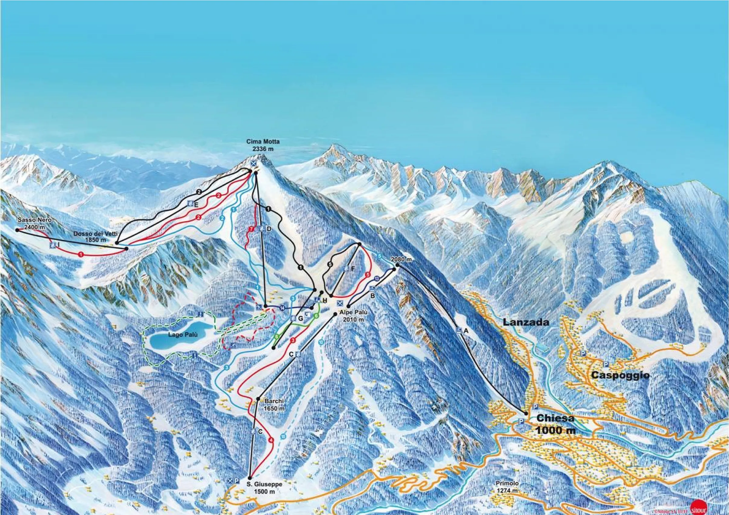 Pistenplan Valmalenco (Chiesa in Valmalenco) 2025/26 – Übersichtskarte mit Pisten, Liften und Bergbahnen