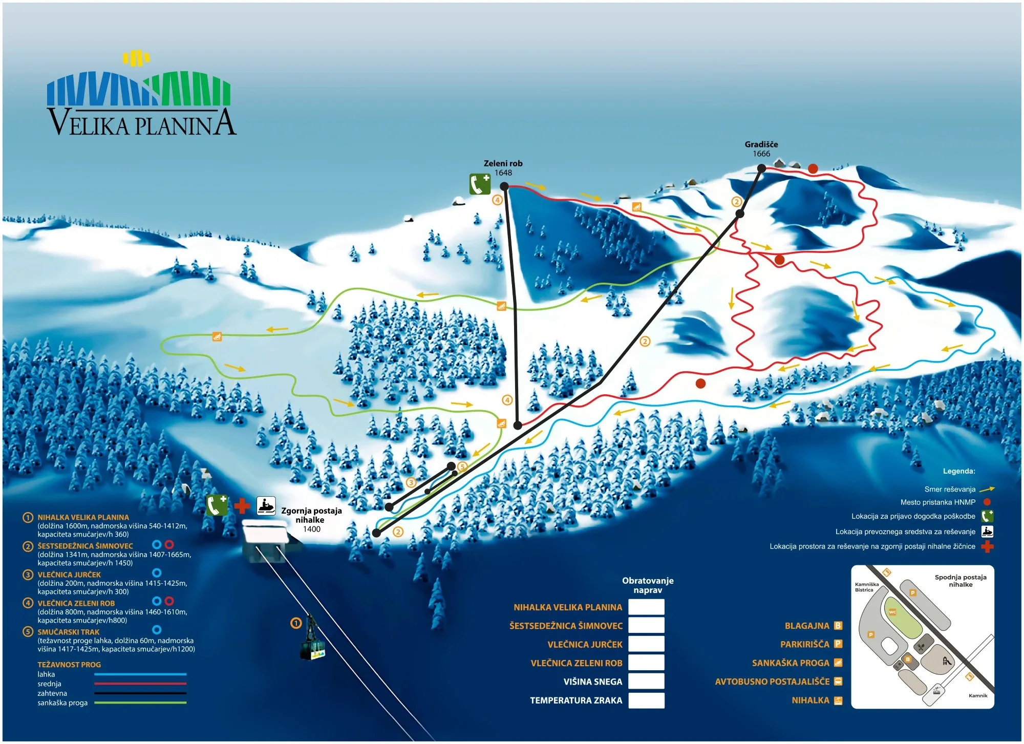 Pistenplan Velika Planina 2025/26 – Übersichtskarte mit Pisten, Liften und Bergbahnen