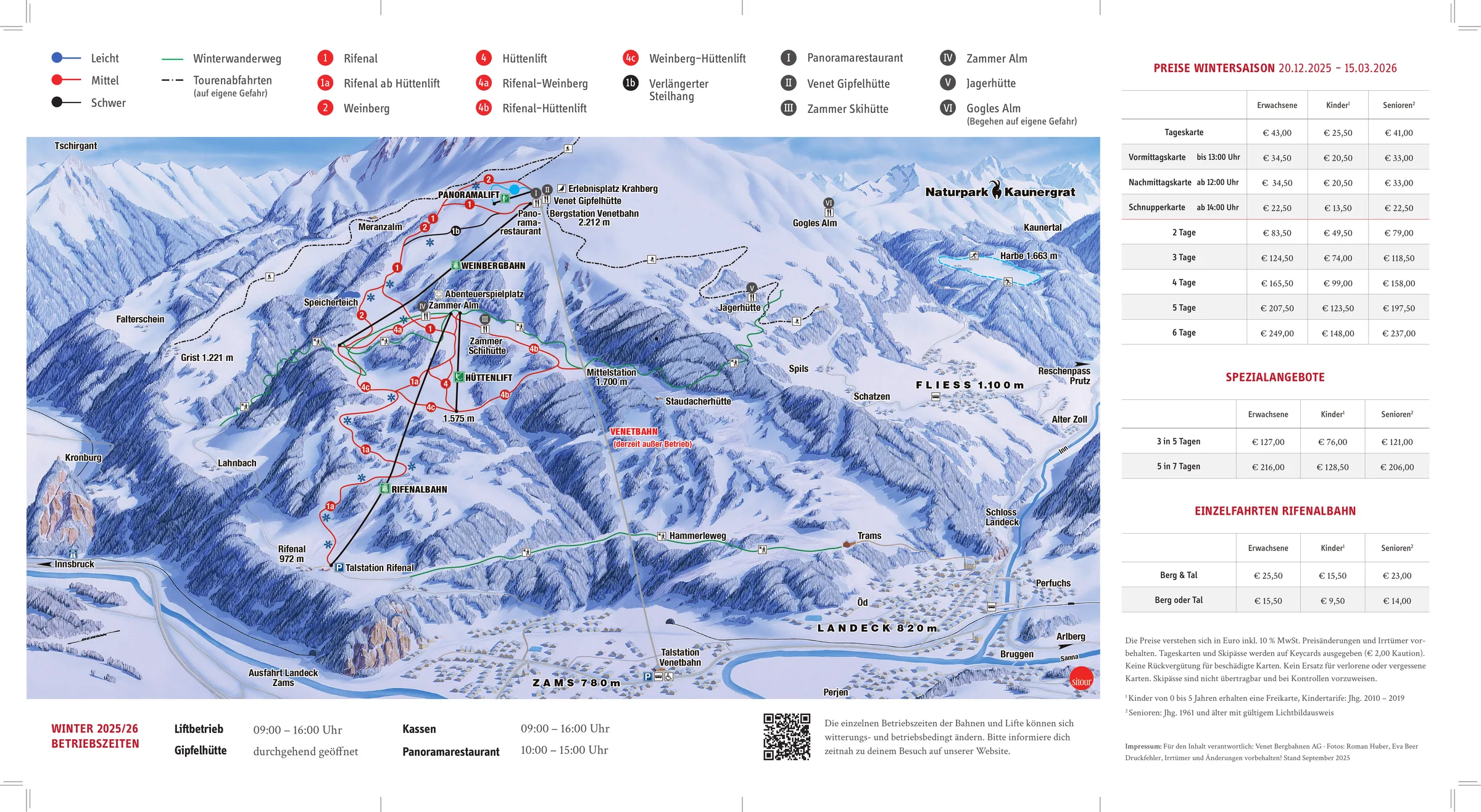 Pistenplan Venet (Landeck-Zams) 2025/26 – Übersichtskarte mit Pisten, Liften und Bergbahnen
