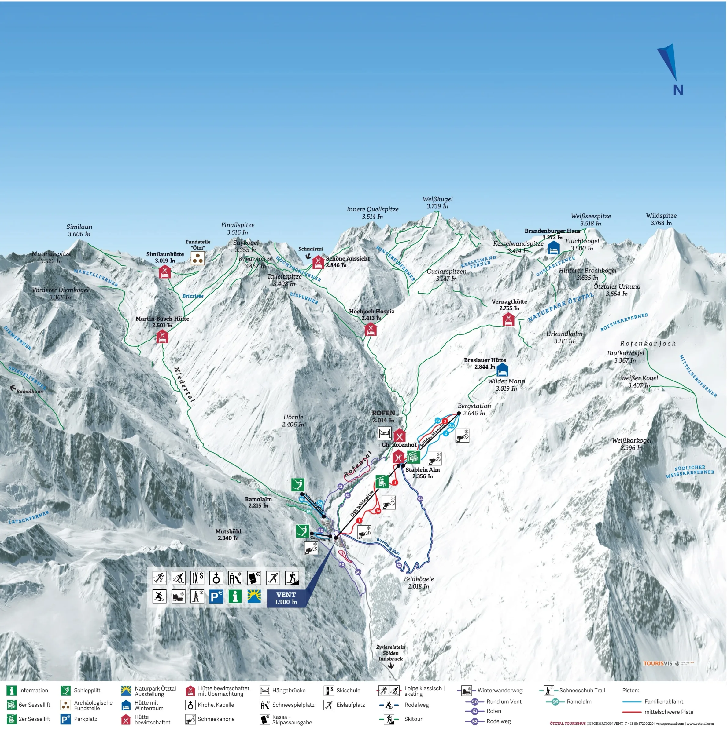 Pistenplan Vent (Ötztal) 2025/26 – Übersichtskarte mit Pisten, Liften und Bergbahnen