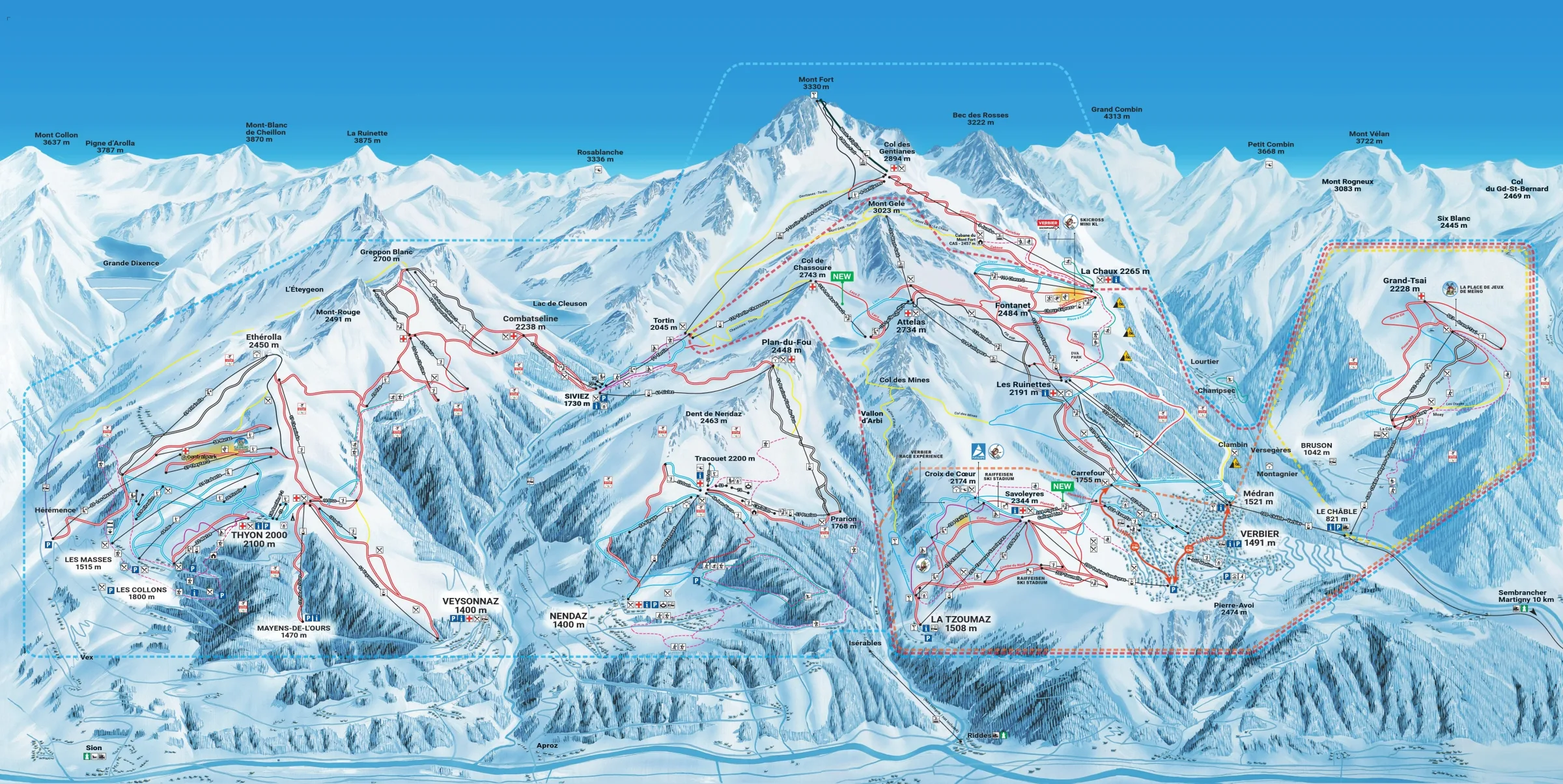 Pistenplan Verbier – 4 Vallées 2025/26 – Übersichtskarte mit Pisten, Liften und Bergbahnen