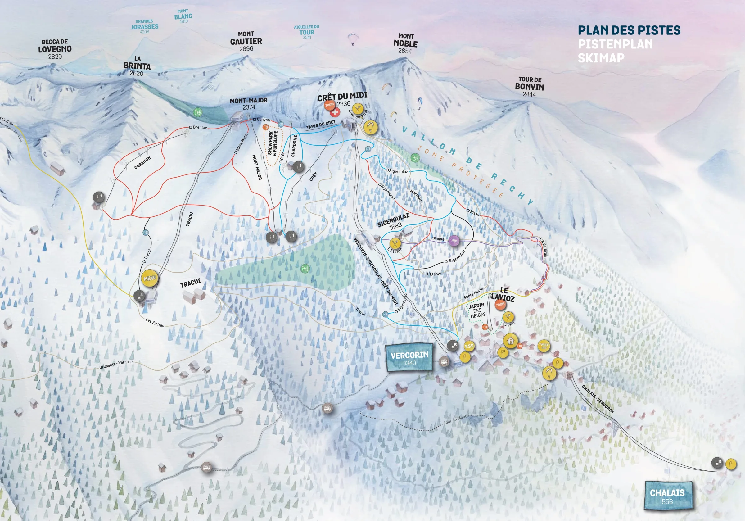 Pistenplan Vercorin 2025/26 – Übersichtskarte mit Pisten, Liften und Bergbahnen