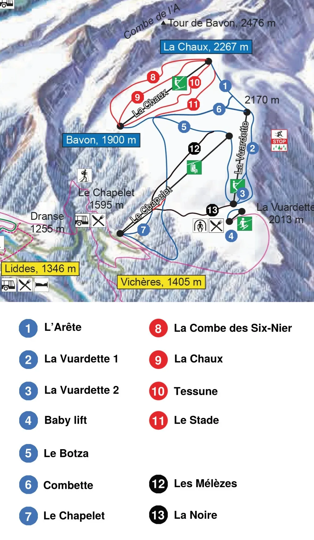 Pistenplan Vichères-Bavon 2025/26 – Übersichtskarte mit Pisten, Liften und Bergbahnen