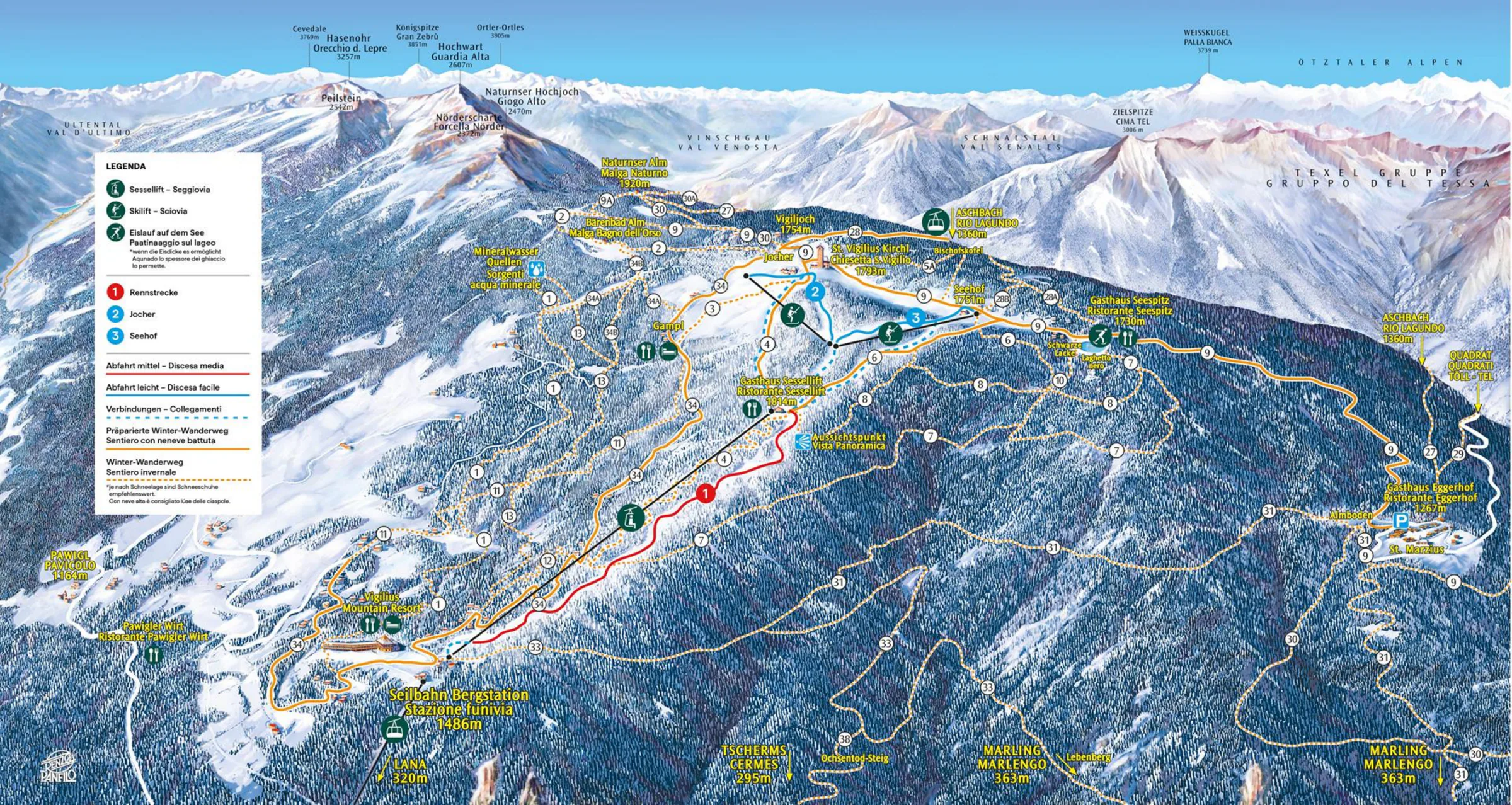 Pistenplan Vigiljoch (Lana) 2025/26 – Übersichtskarte mit Pisten, Liften und Bergbahnen