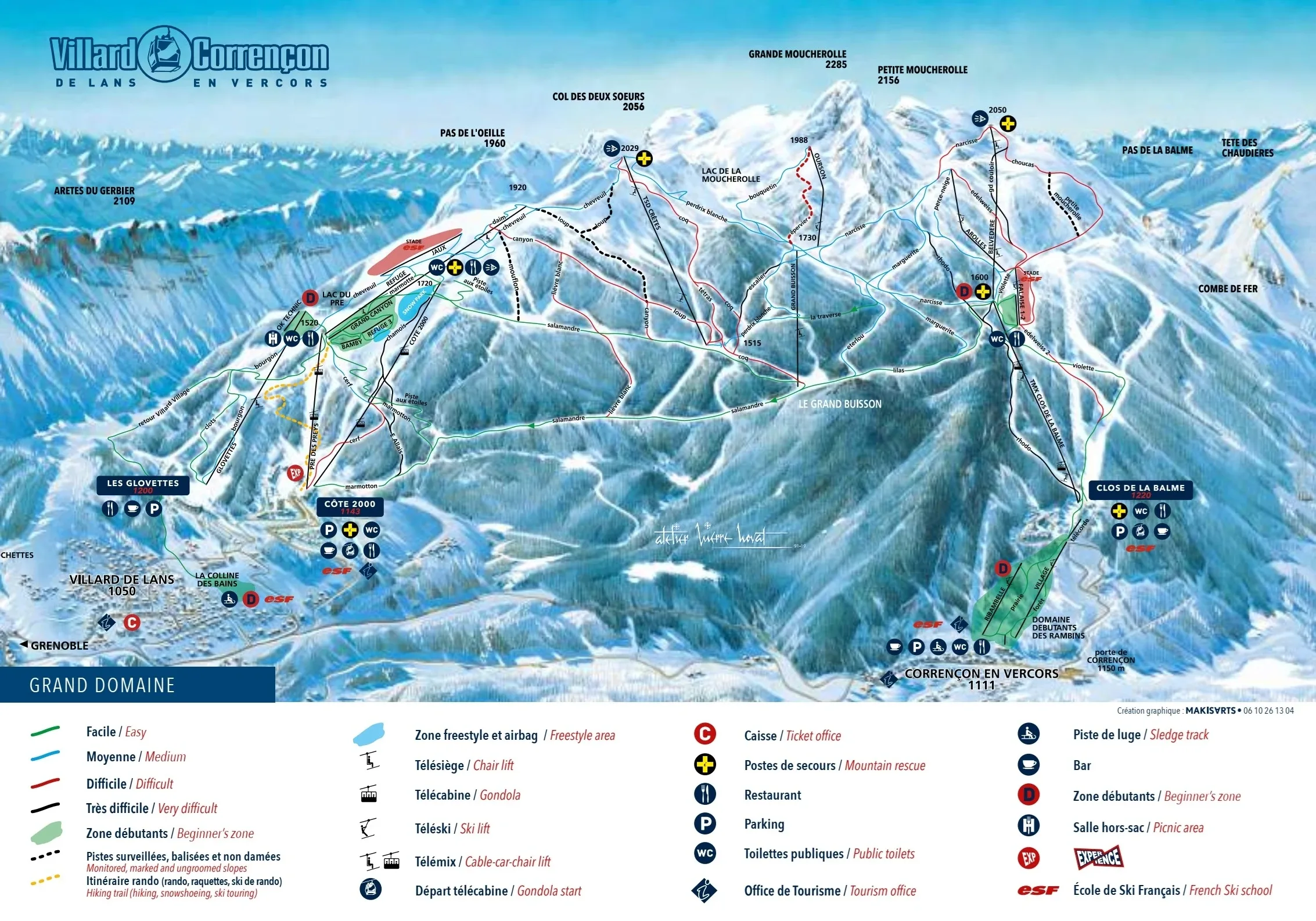 Pistenplan Villard-de-Lans - Corrençon-en-Vercors 2025/26 – Übersichtskarte mit Pisten, Liften und Bergbahnen