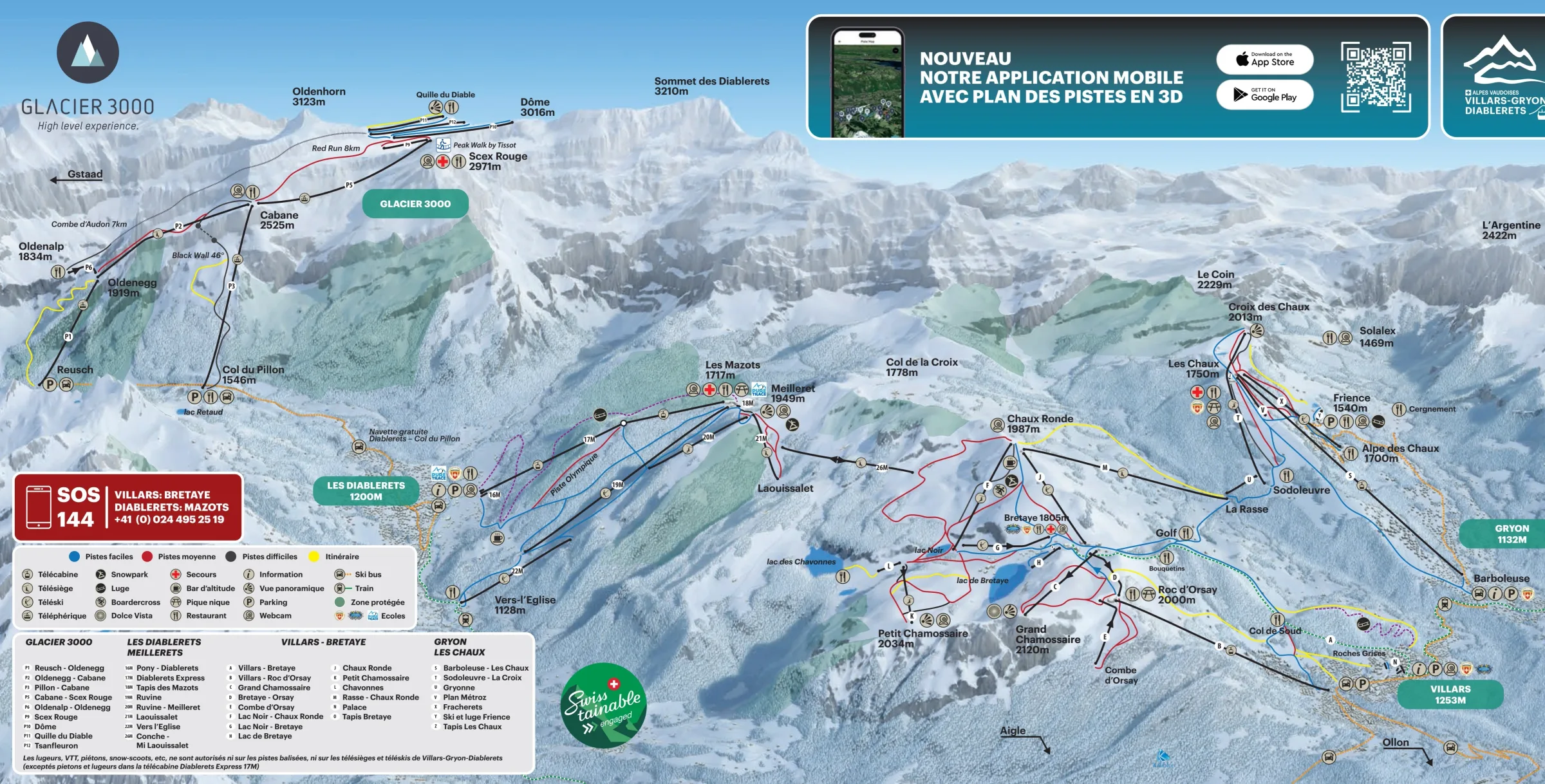 Pistenplan Villars – Gryon – Les Diablerets 2025/26 – Übersichtskarte mit Pisten, Liften und Bergbahnen